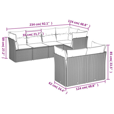 7-delige Loungeset met kussens poly rattan lichtgrijs