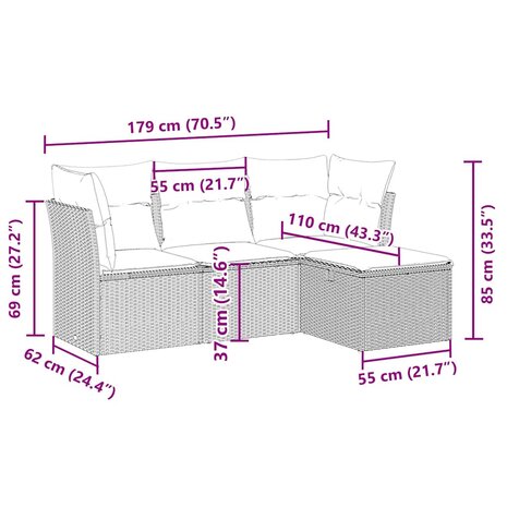 4-delige Loungeset met kussens poly rattan lichtgrijs