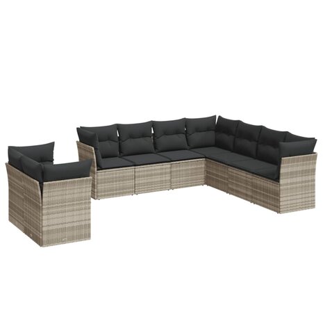 9-delige Loungeset met kussens poly rattan lichtgrijs