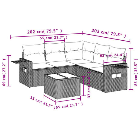 6-delige Loungeset met kussens poly rattan lichtgrijs