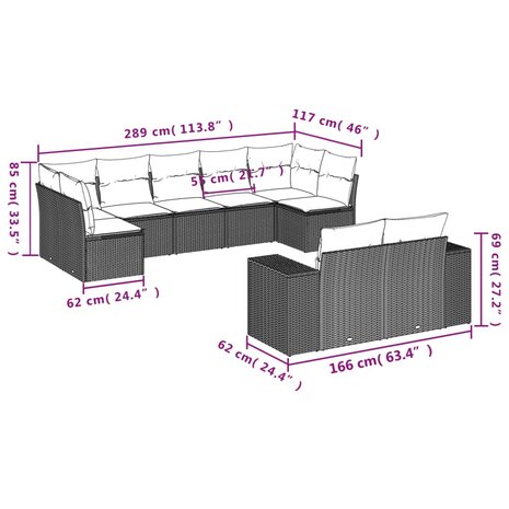 9-delige Loungeset met kussens poly rattan lichtgrijs