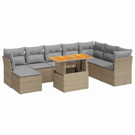 9-delige Loungeset met kussens poly rattan beige
