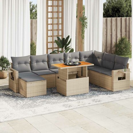 9-delige Loungeset met kussens poly rattan beige