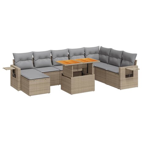 9-delige Loungeset met kussens poly rattan beige