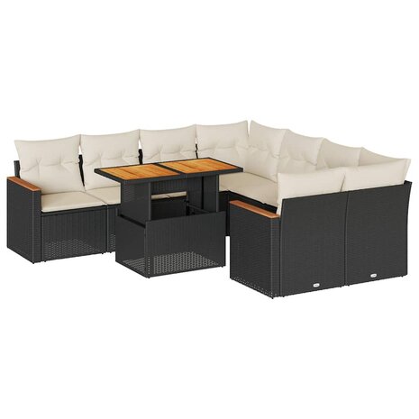 9-delige Loungeset met kussens poly rattan acacia zwart