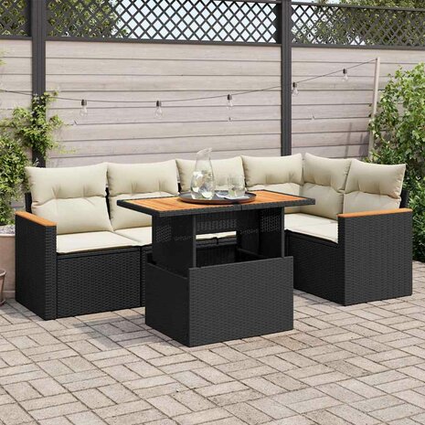 6-delige Loungeset met kussens poly rattan acacia zwart