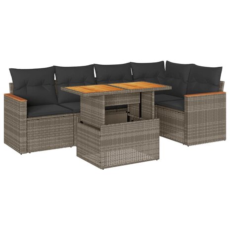 6-delige Loungeset met kussens poly rattan acacia grijs