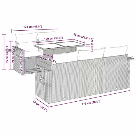 6-delige Loungeset met kussens poly rattan bruin