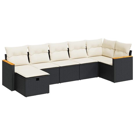 7-delige Loungeset met kussens poly rattan zwart