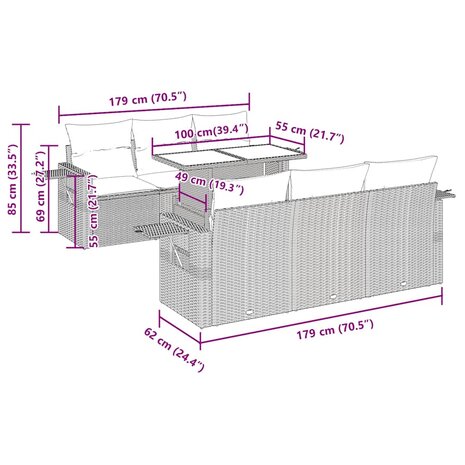 7-delige Loungeset met kussens poly rattan grijs
