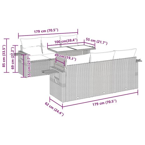 7-delige Loungeset met kussens poly rattan lichtgrijs