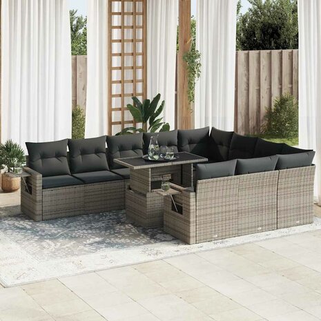 11-delige Loungeset met kussens poly rattan grijs