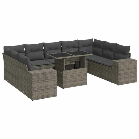 10-delige Loungeset met kussens poly rattan grijs