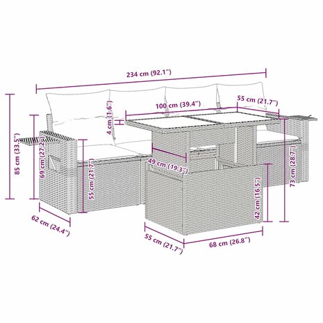5-delige Loungeset met kussens poly rattan beige