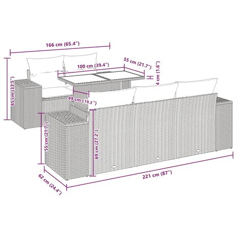 6-delige Loungeset met kussens poly rattan lichtgrijs