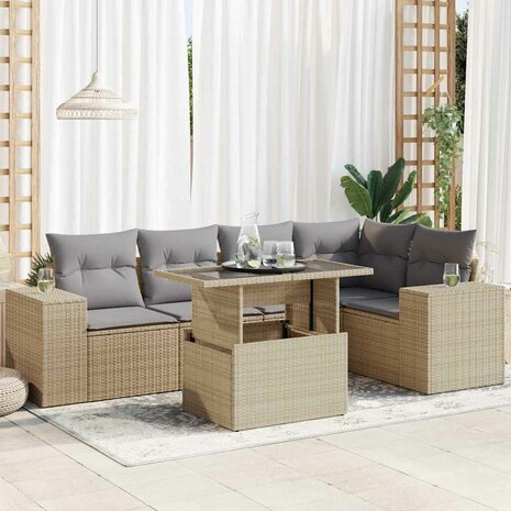 6-delige Loungeset met kussens poly rattan beige