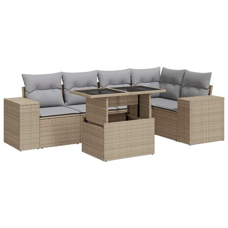 6-delige Loungeset met kussens poly rattan beige
