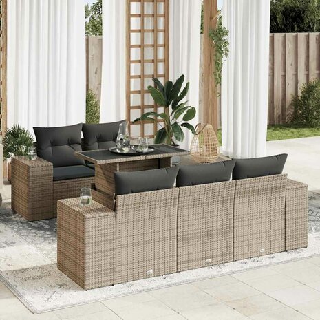 6-delige Loungeset met kussens poly rattan grijs
