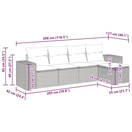 5-delige Loungeset met kussens poly rattan zwart