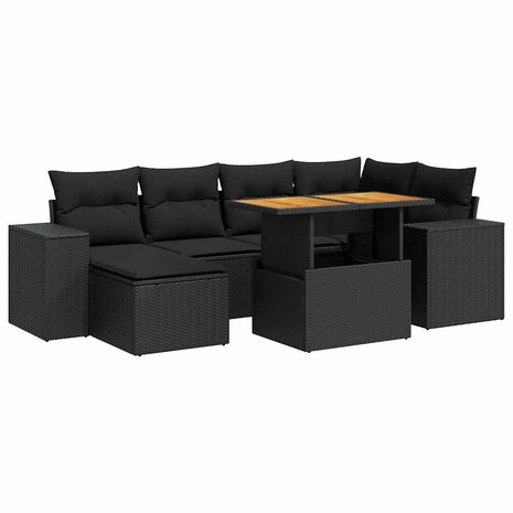 7-delige Loungeset met kussens poly rattan zwart