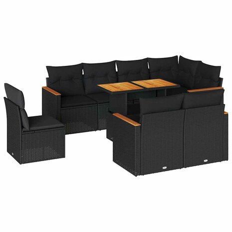 9-delige Loungeset met kussens poly rattan acacia zwart