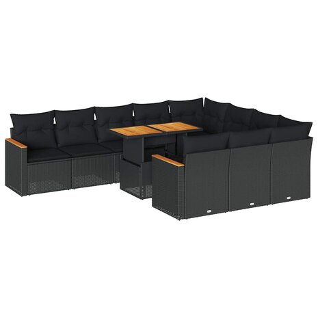 11-delige Loungeset met kussens poly rattan acacia zwart