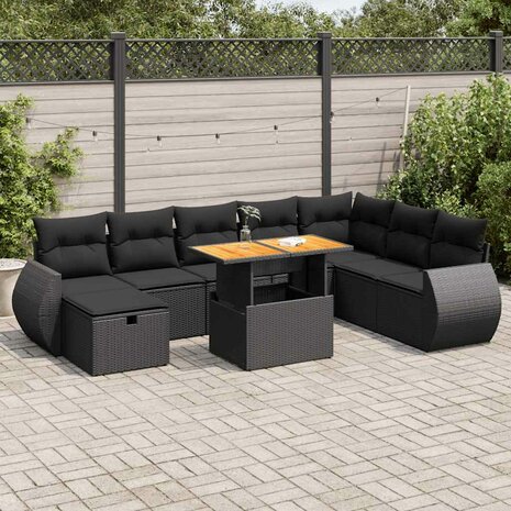 9-delige Loungeset met kussens poly rattan acacia zwart