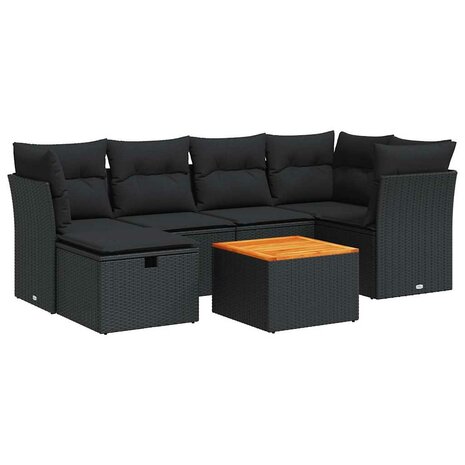 7-delige Loungeset met kussens poly rattan zwart