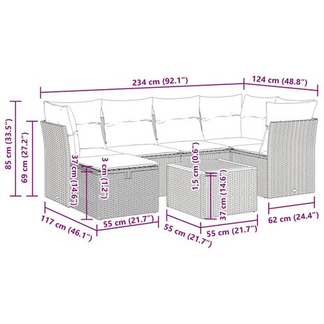 7-delige Loungeset met kussens poly rattan zwart