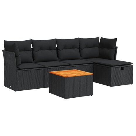 6-delige Loungeset met kussens poly rattan zwart