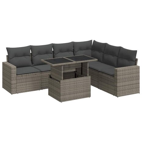 7-delige Loungeset met kussens poly rattan grijs