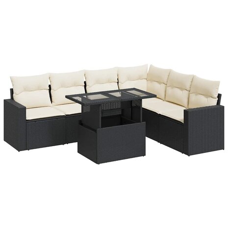 7-delige Loungeset met kussens poly rattan zwart