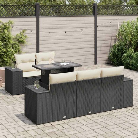 6-delige Loungeset met kussens poly rattan zwart