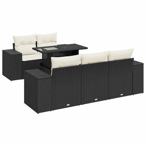 6-delige Loungeset met kussens poly rattan zwart
