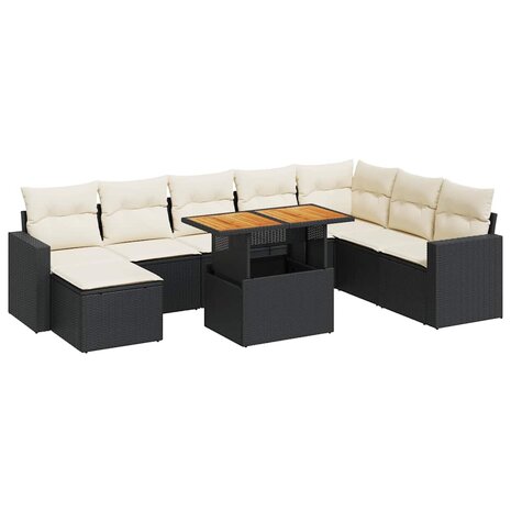 9-delige Loungeset met kussens poly rattan zwart
