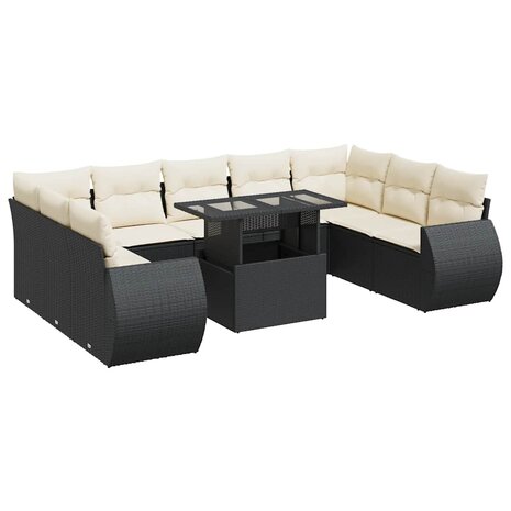 10-delige Loungeset met kussens poly rattan zwart
