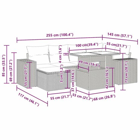 8-delige Loungeset met kussens poly rattan zwart