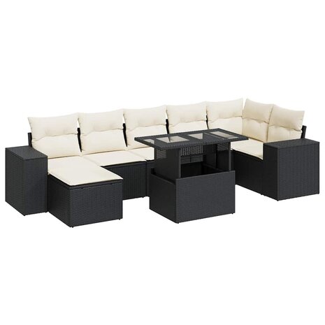8-delige Loungeset met kussens poly rattan zwart