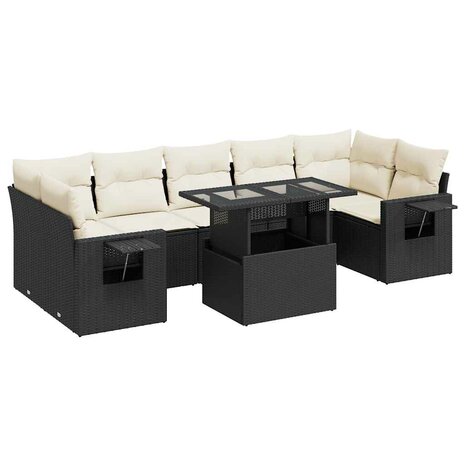 8-delige Loungeset met kussens poly rattan zwart