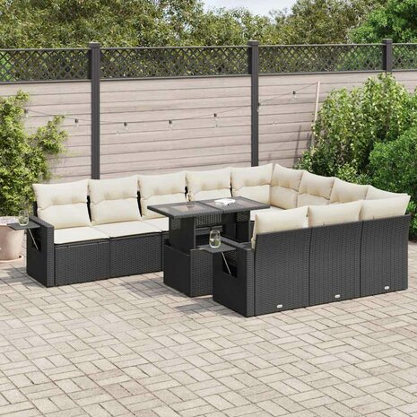 11-delige Loungeset met kussens poly rattan zwart