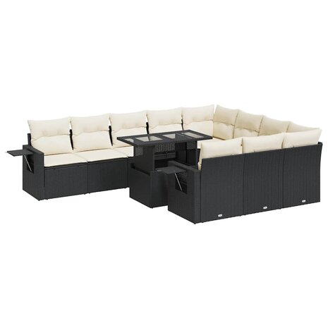 11-delige Loungeset met kussens poly rattan zwart