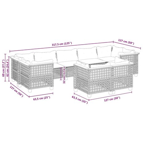 9-delige Loungeset met kussens poly rattan beige