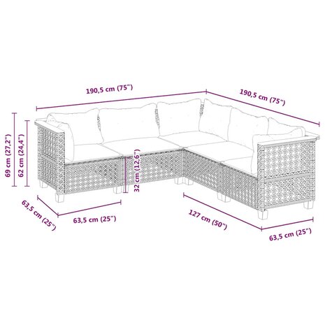 5-delige Loungeset met kussens poly rattan beige