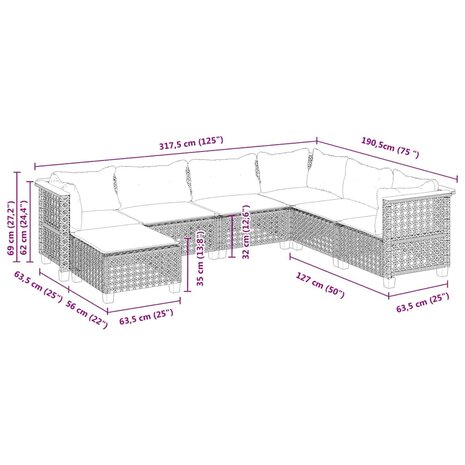 7-delige Loungeset met kussens poly rattan beige