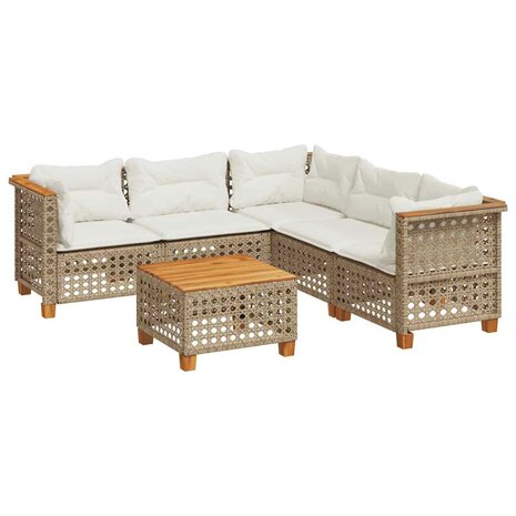 6-delige Loungeset met kussens poly rattan beige