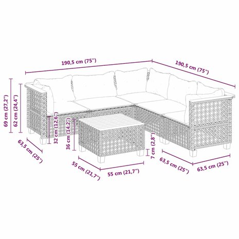6-delige Loungeset met kussens poly rattan beige