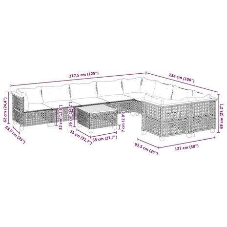 10-delige Loungeset met kussens poly rattan beige