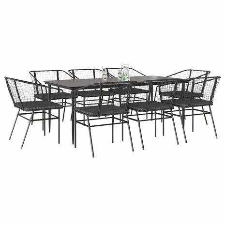 9-delige Tuinset met kussens poly rattan glas zwart