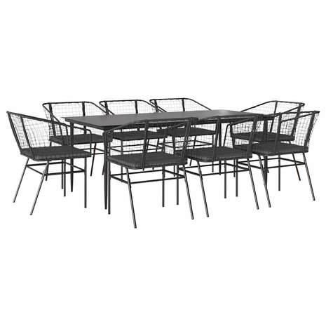 9-delige Tuinset met kussens poly rattan glas zwart