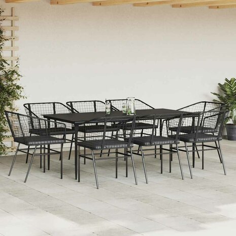 9-delige Tuinset met kussens poly rattan glas zwart